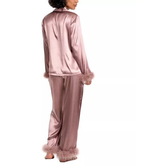 new MINK-color Linea Donatella Women's Marabou Feather-Trimmed Satin Pajamas - Picture 4 of 7